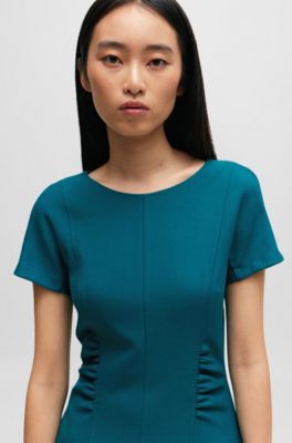 Slit-front business dress with gathered details, Petrol