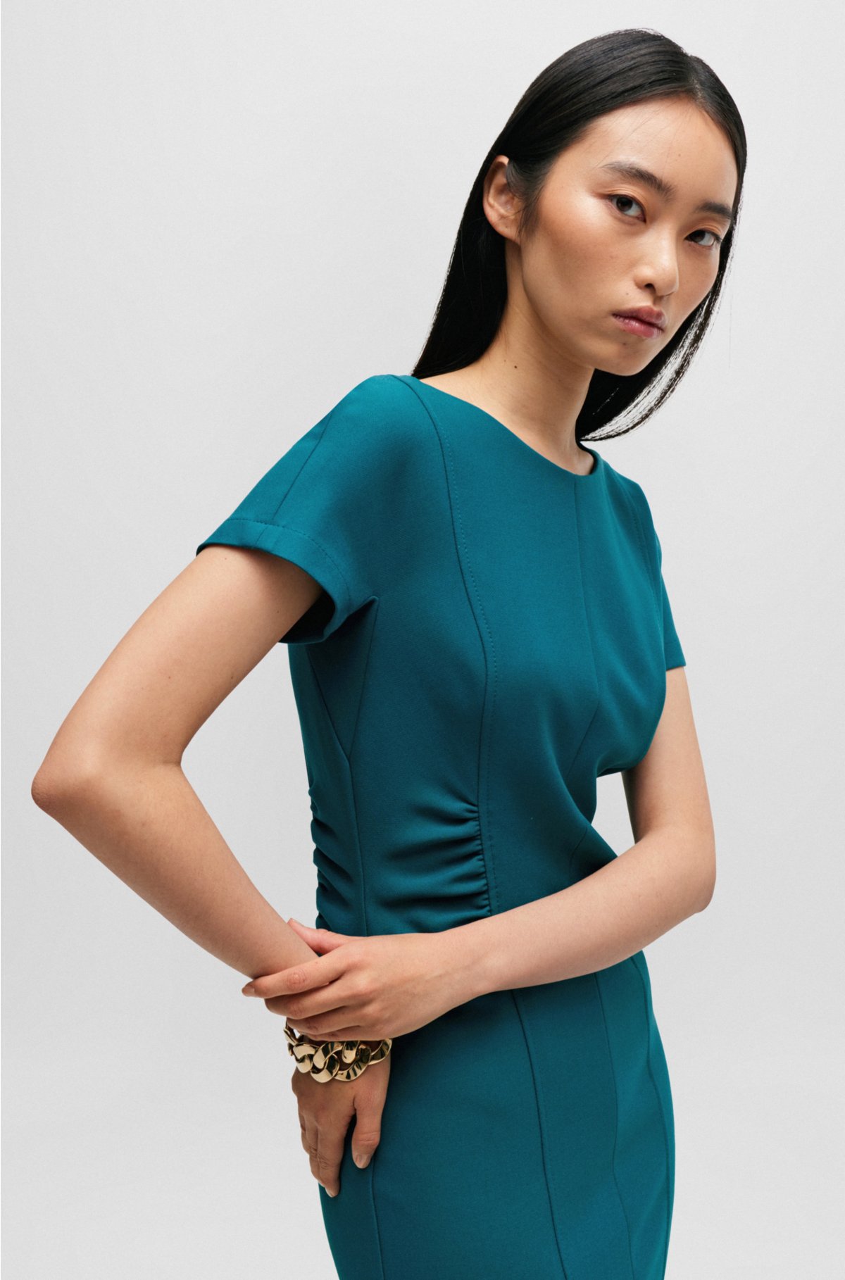 Slit-front business dress with gathered details, Petrol