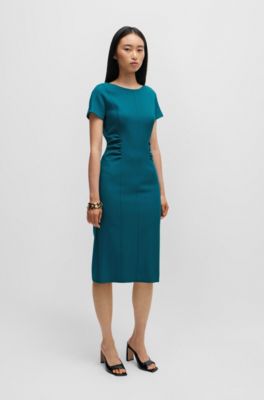 Vestido business con abertura delantera y detalles fruncidos, Petr&oacute;leo