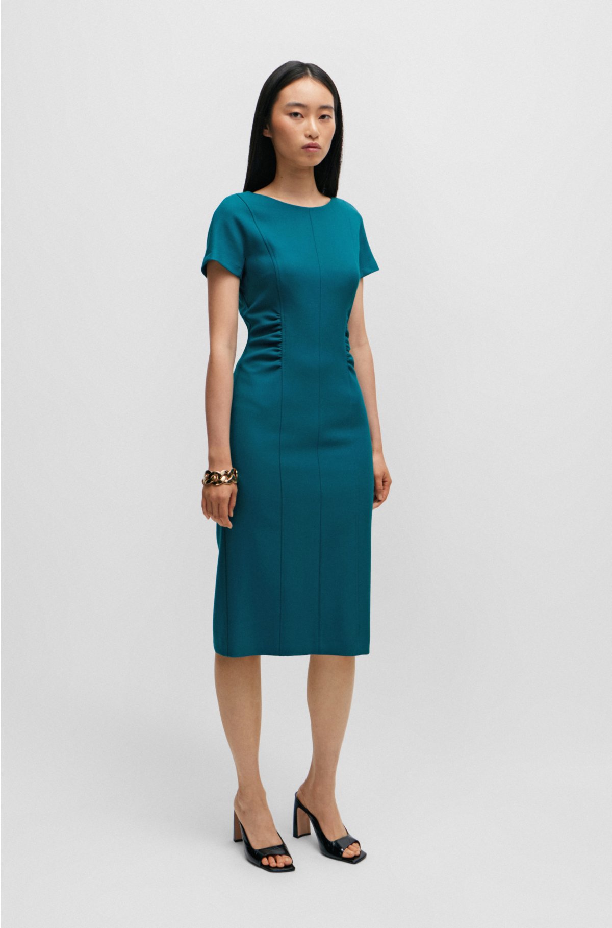 Slit-front business dress with gathered details, Petrol