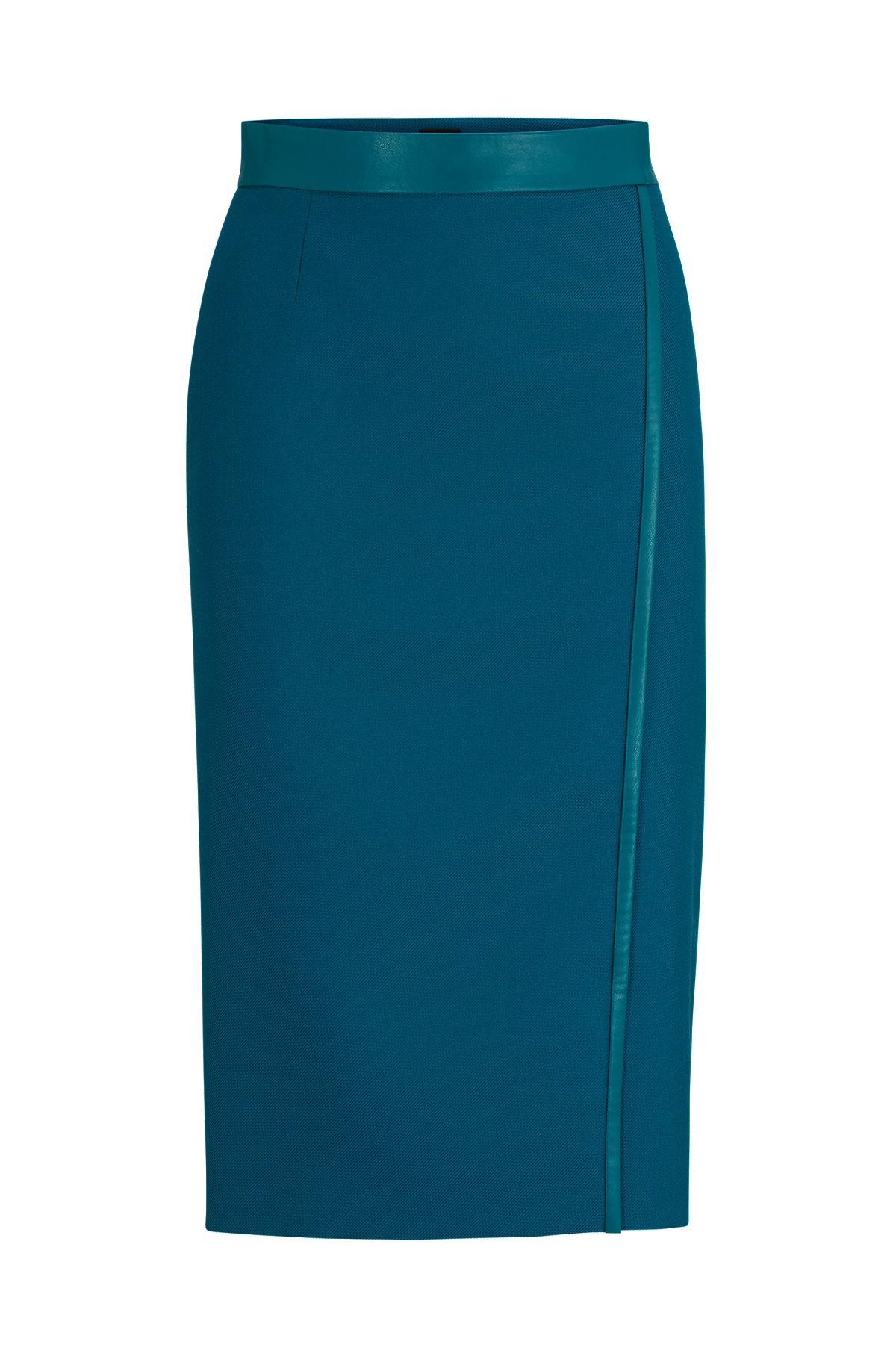 Pencil skirt in wool twill with faux-leather trims, Green