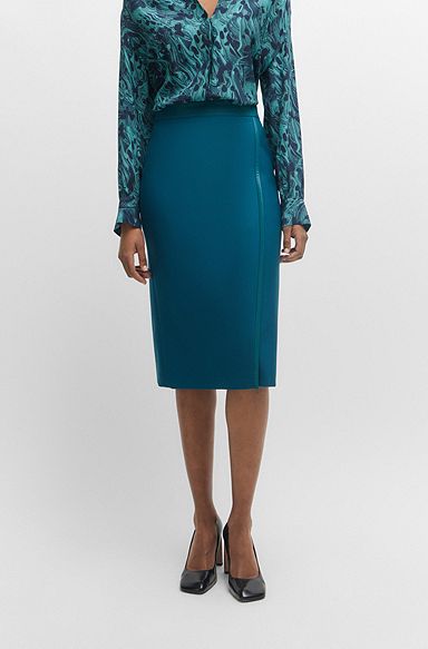 Pencil skirt in wool twill with faux-leather trims, Petrol