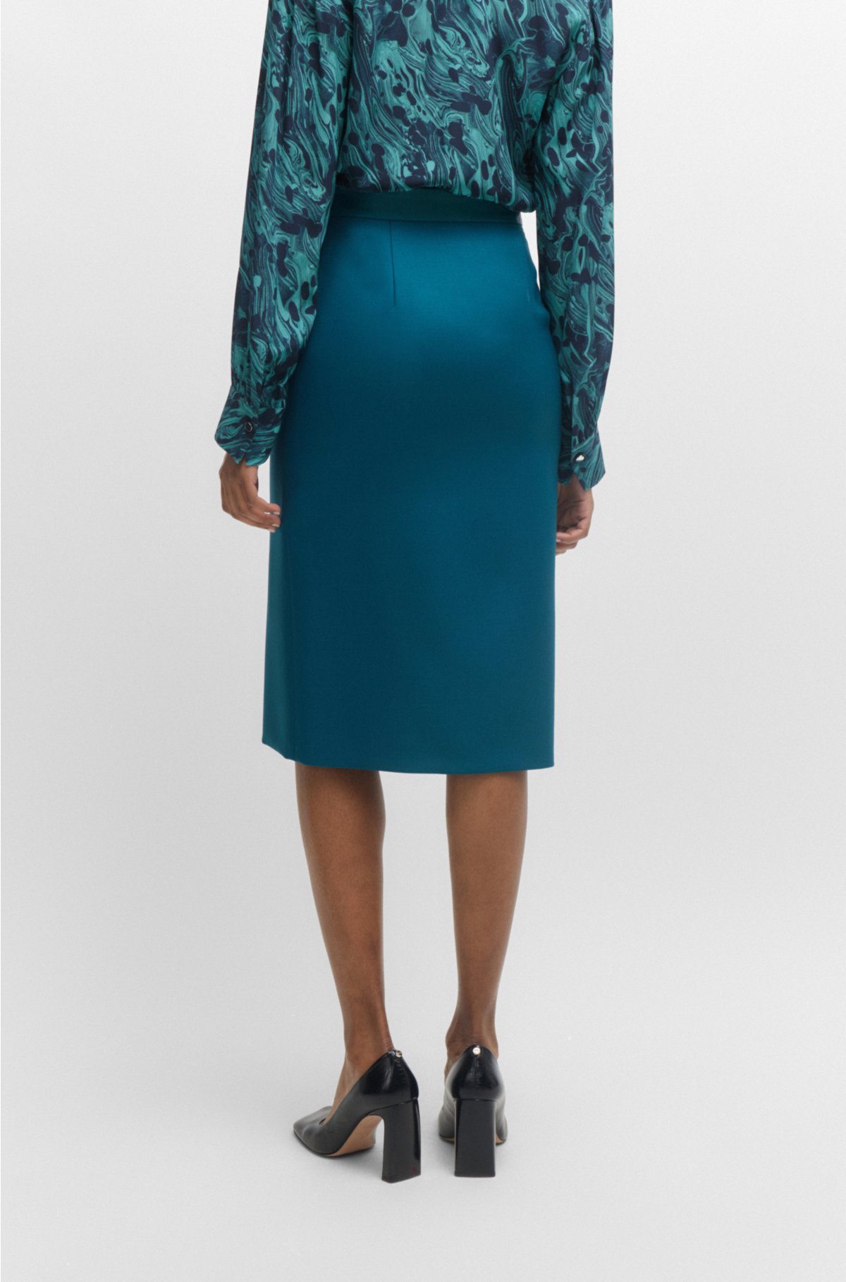 Pencil skirt in wool twill with faux-leather trims, Petrol
