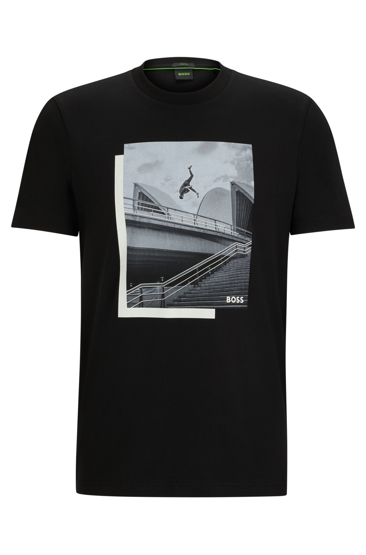 T-Shirt aus elastischem Baumwoll-Jersey mit Foto-Print, Schwarz