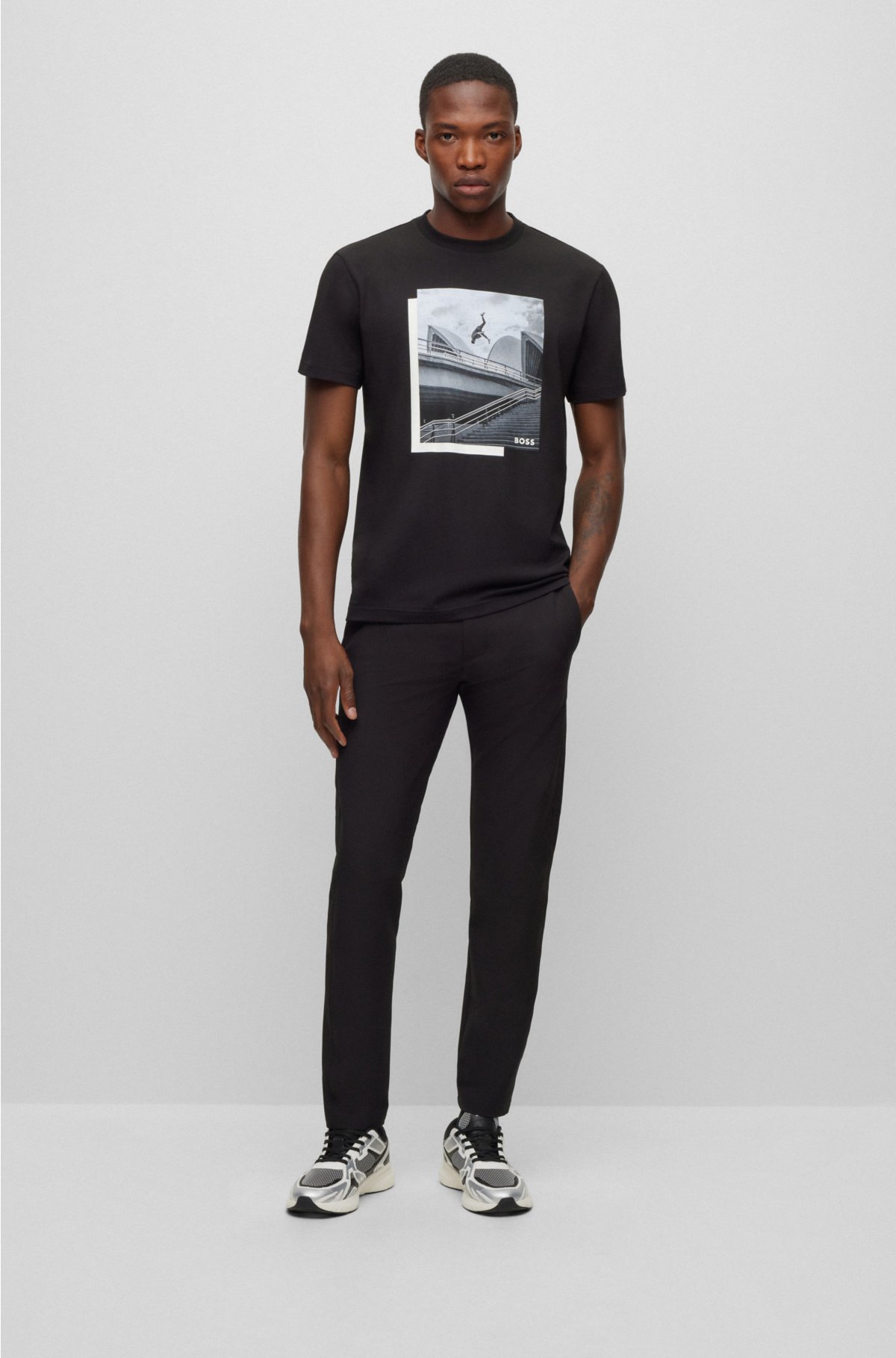 Photo-print T-shirt in stretch-cotton jersey, Black