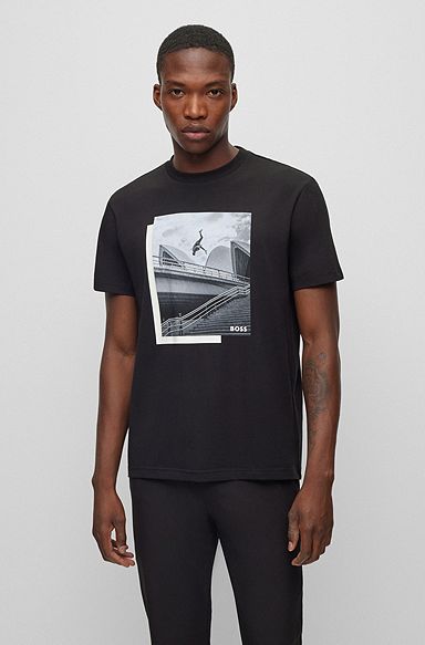 T-shirt in jersey van stretchkatoen met fotoprint, Zwart