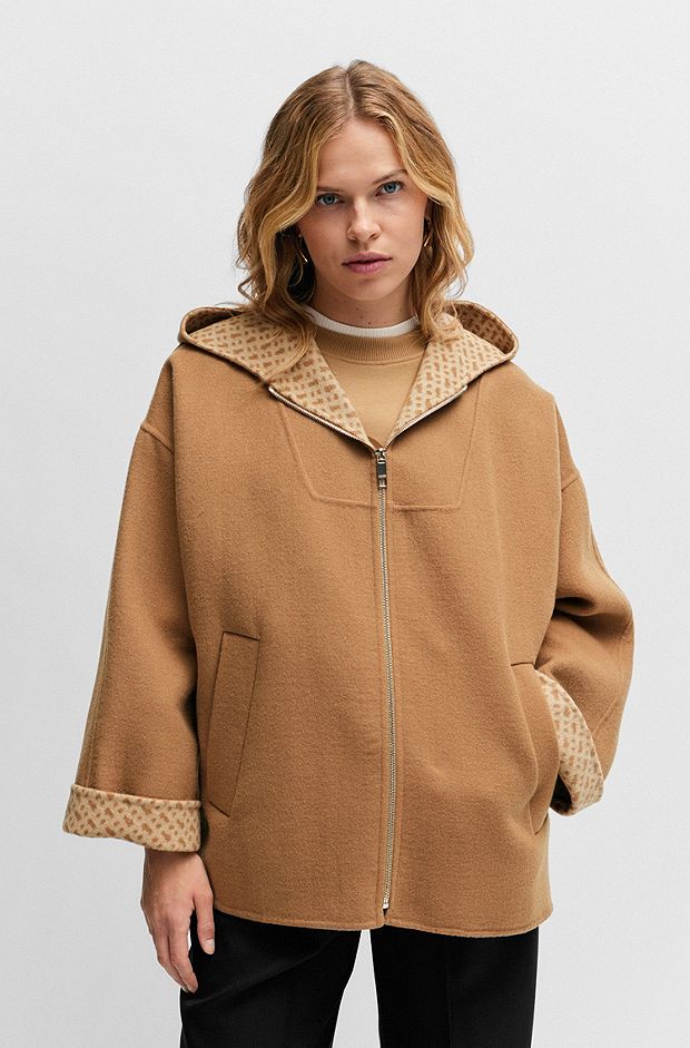 Wool-blend coat with monogram-jacquard interior, Beige