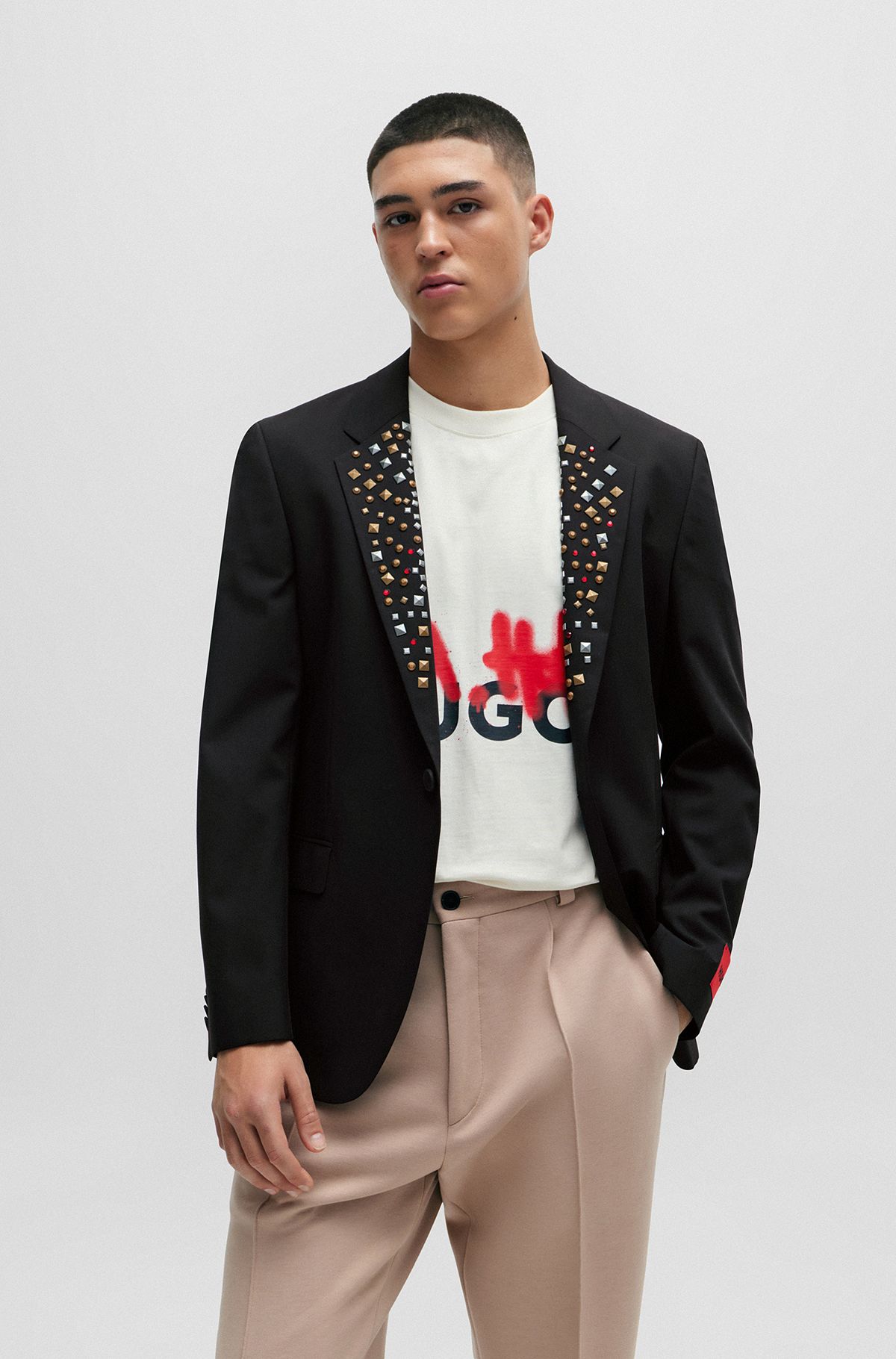 Slim-fit jacket with studded lapels, Black