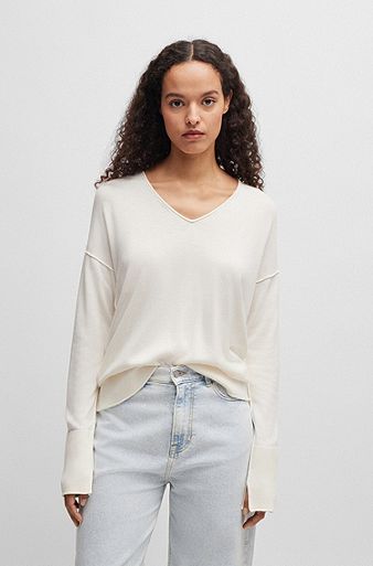 Regular-fit sweater with V neckline, White