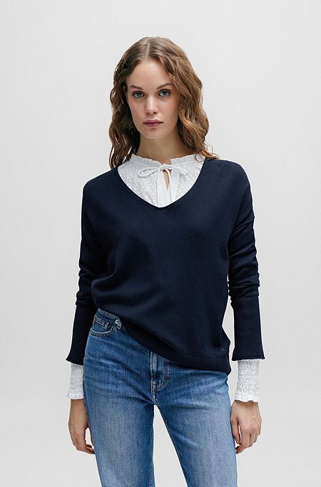 Regular fit sweater med V-hals, Mørkeblå