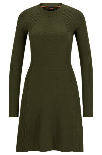 Slim-Fit Langarm-Kleid mit verschiedenen Strukturen, Dunkelgrün