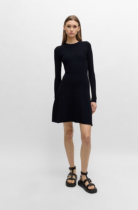 Slim-fit long-sleeved dress with mixed structures, Dark Blue