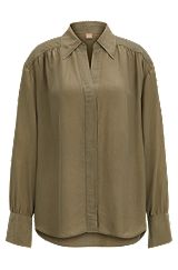 Relaxed-fit blouse met verdekte sluiting en puntkraag, Donkergroen