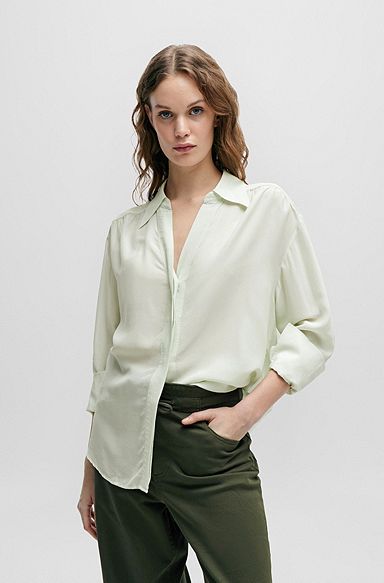 Блузка свободного кроя с потайной планкой и классическим воротником, Светло-зеленый