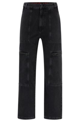 HUGO Loose fit jeans in black denim with adjustable hems