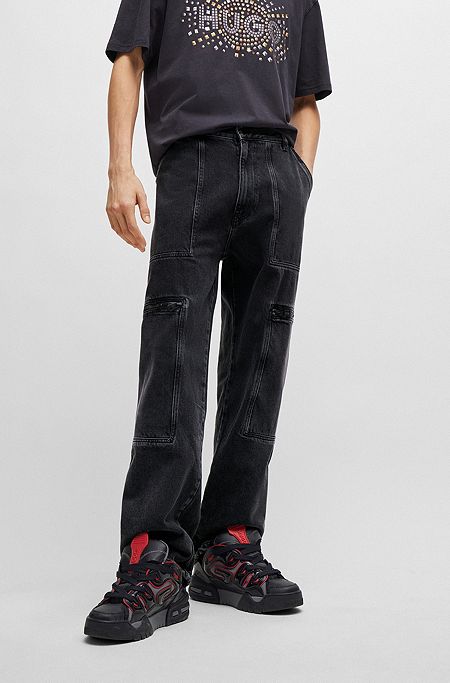 Loose-Fit Jeans aus schwarzem Denim mit verstellbaren Beinabschlüssen, Dunkelgrau