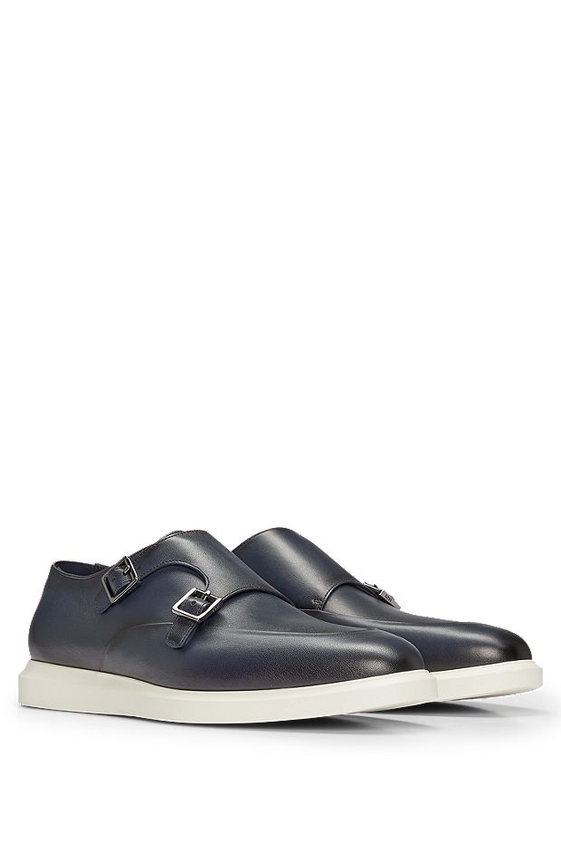 Leather monk shoes with contrast outsole and double strap, Dark Blue