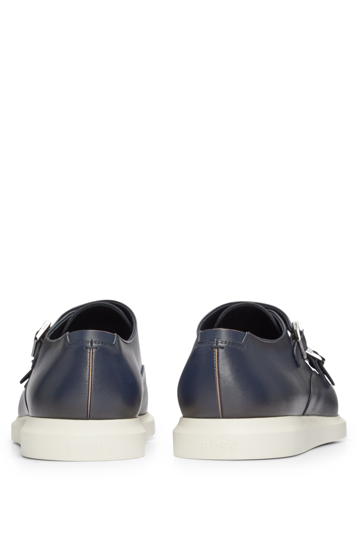 Leather monk shoes with contrast outsole and double strap, Dark Blue