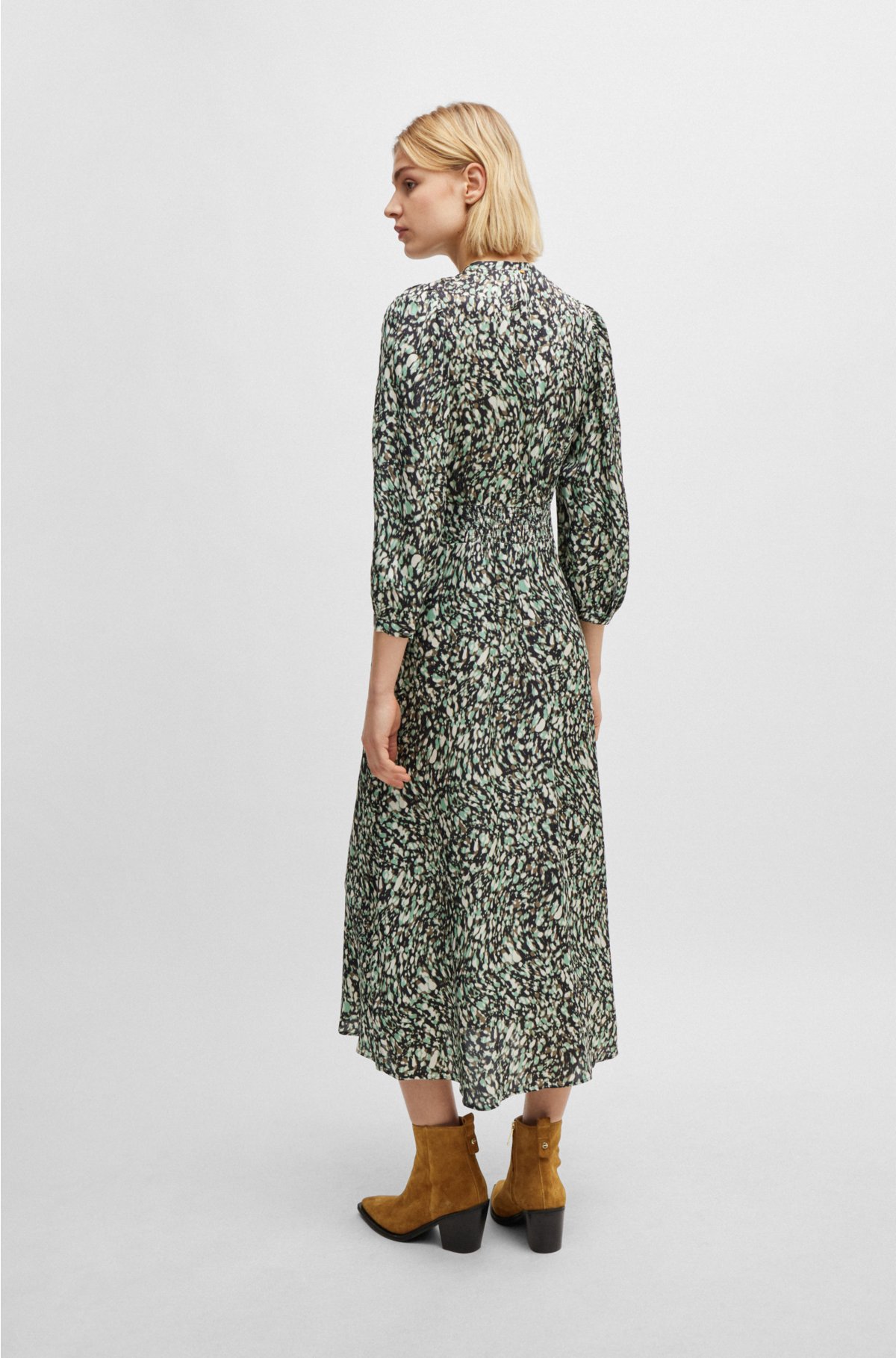 Long-sleeved dress in printed canvas with buttoned placket, Patterned