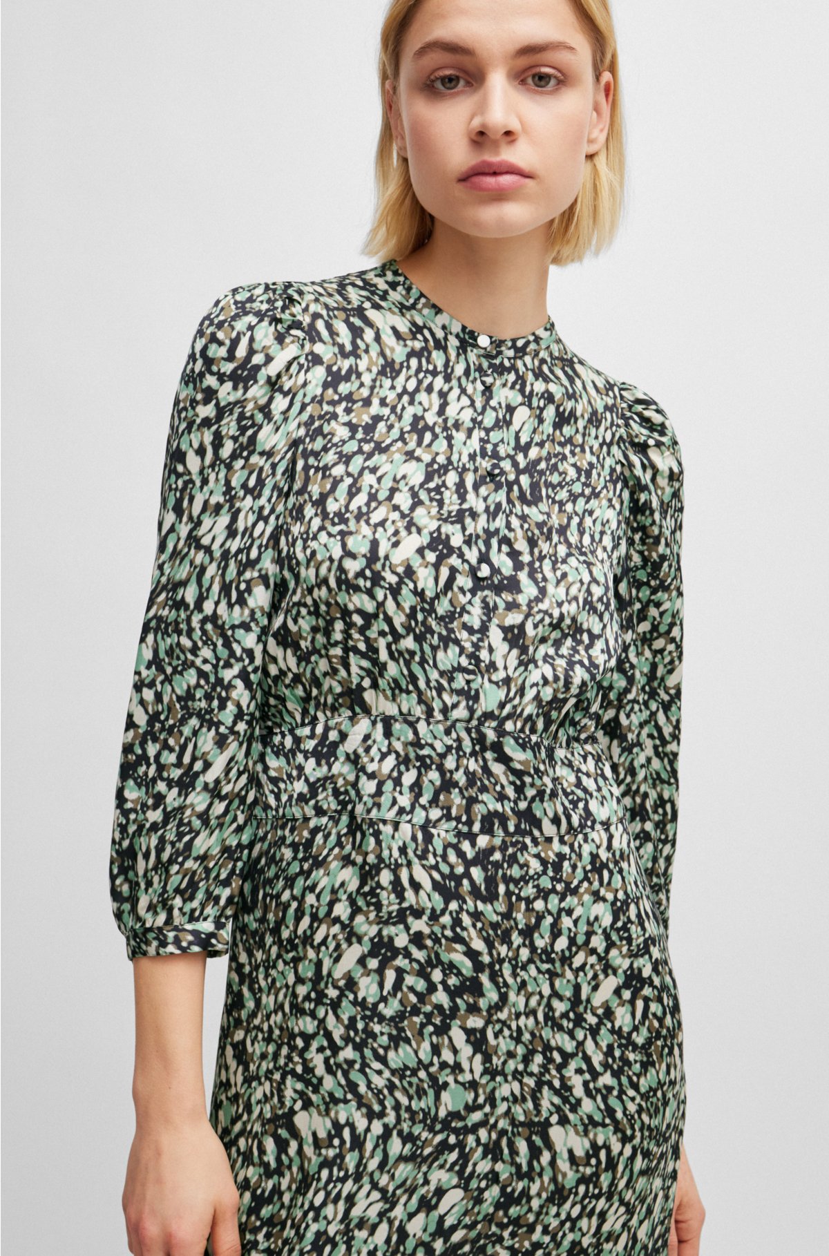 Long-sleeved dress in printed canvas with buttoned placket, Patterned