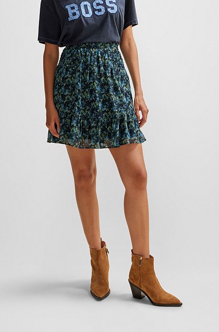 Seasonal-print mini skirt with volant hem, Blue Patterned