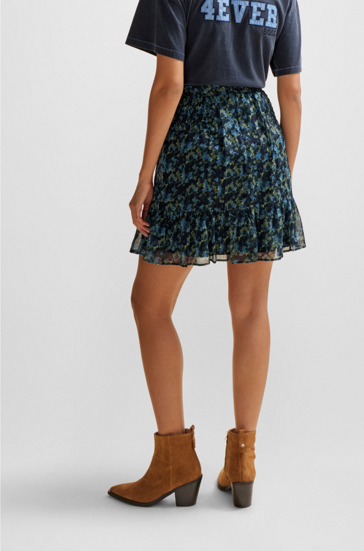 Seasonal-print mini skirt with volant hem, Blue Patterned