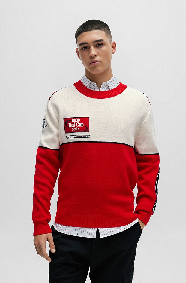 Colour-blocked sweater with racing-inspired badges, Red