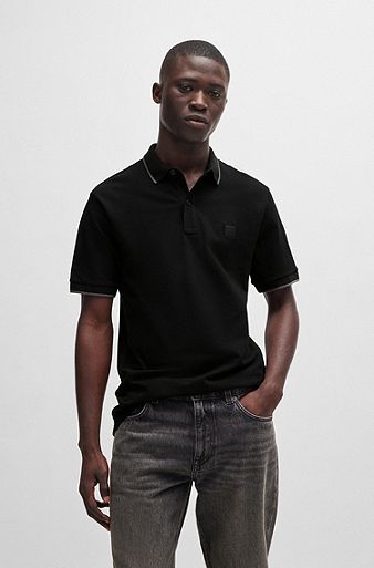 Slim-fit polo shirt in washed stretch-cotton piqué, Black