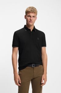 Polo slim fit de piqué de algodón elástico, Negro