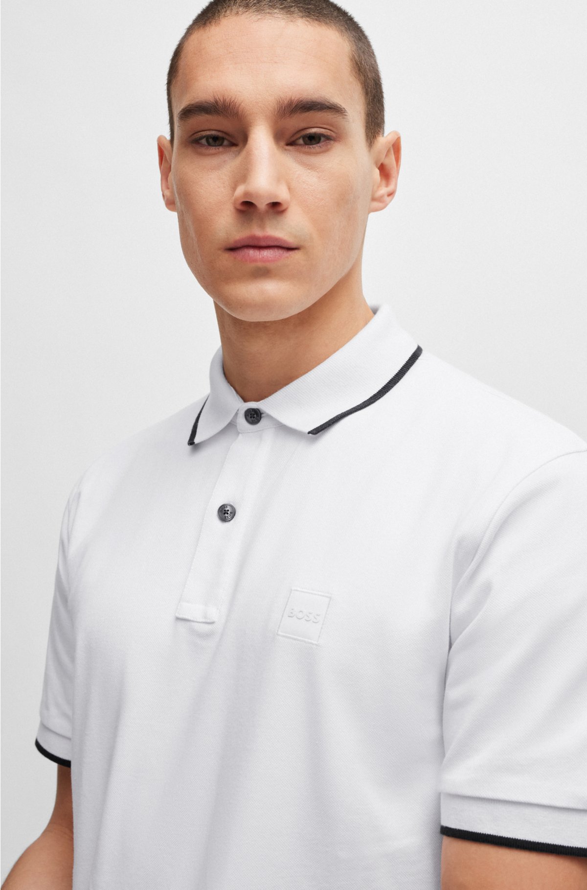 Slim-fit polo shirt in washed stretch-cotton piqué, White