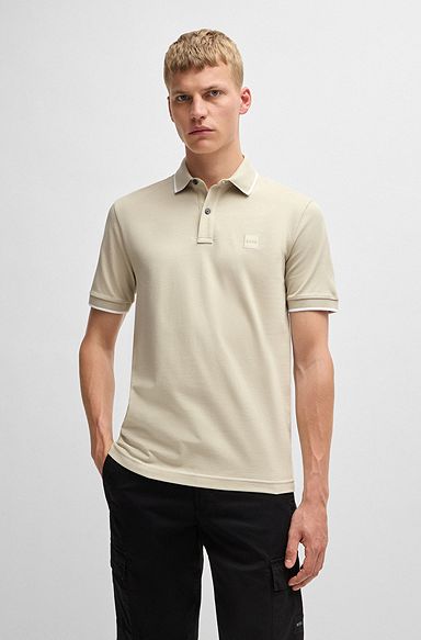 Slim-fit polo shirt in washed stretch-cotton piqué, Natural