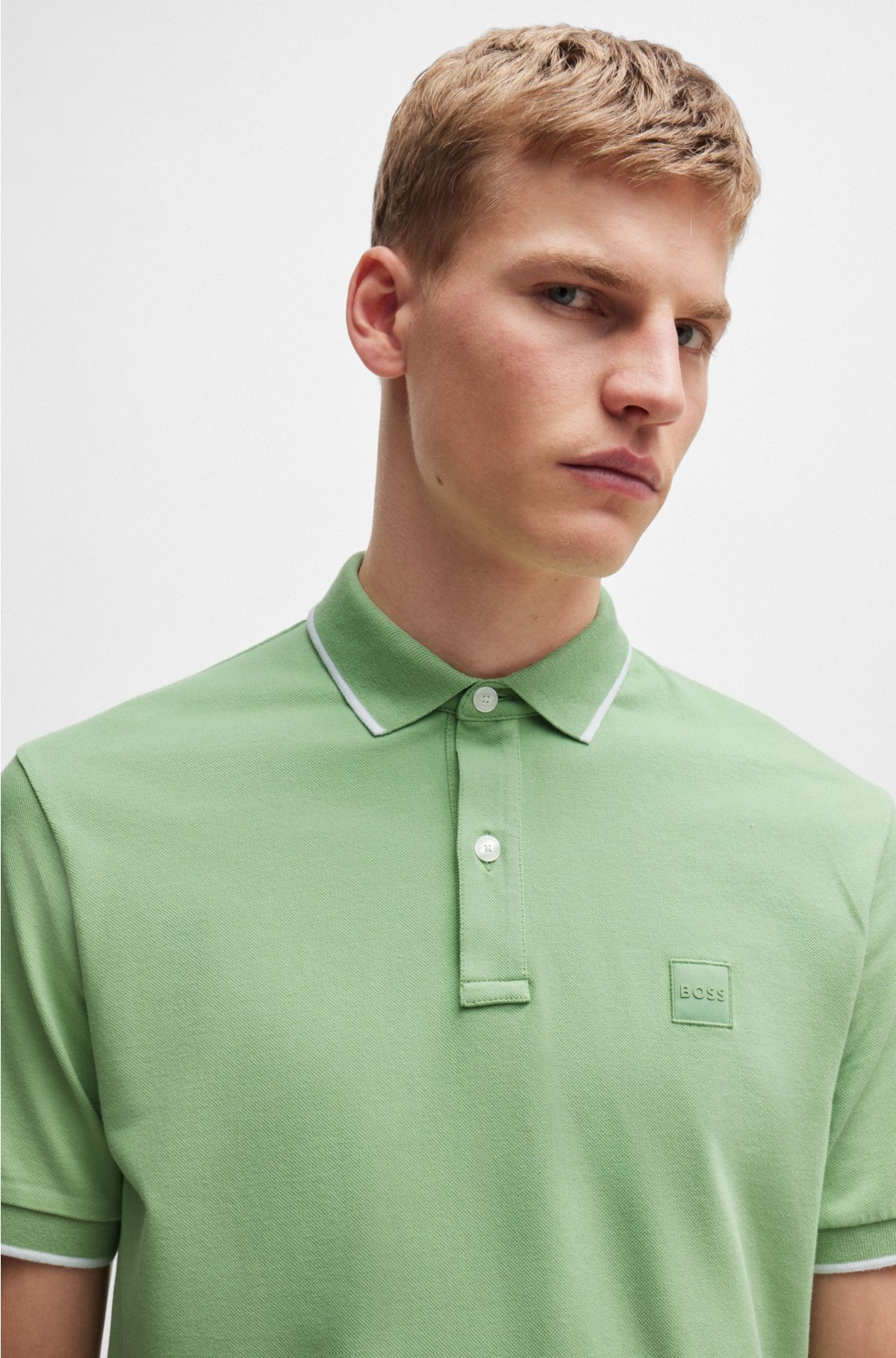 Slim-fit polo shirt in washed stretch-cotton piqué, Light Green