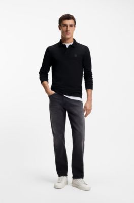 Stretch-cotton slim-fit polo shirt with logo patch, Black