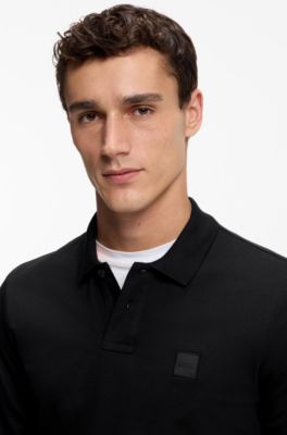 Stretch-cotton slim-fit polo shirt with logo patch, Black