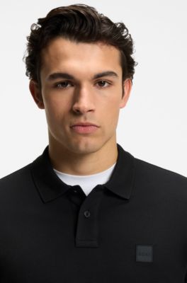 Stretch-cotton slim-fit polo shirt with logo patch, Black