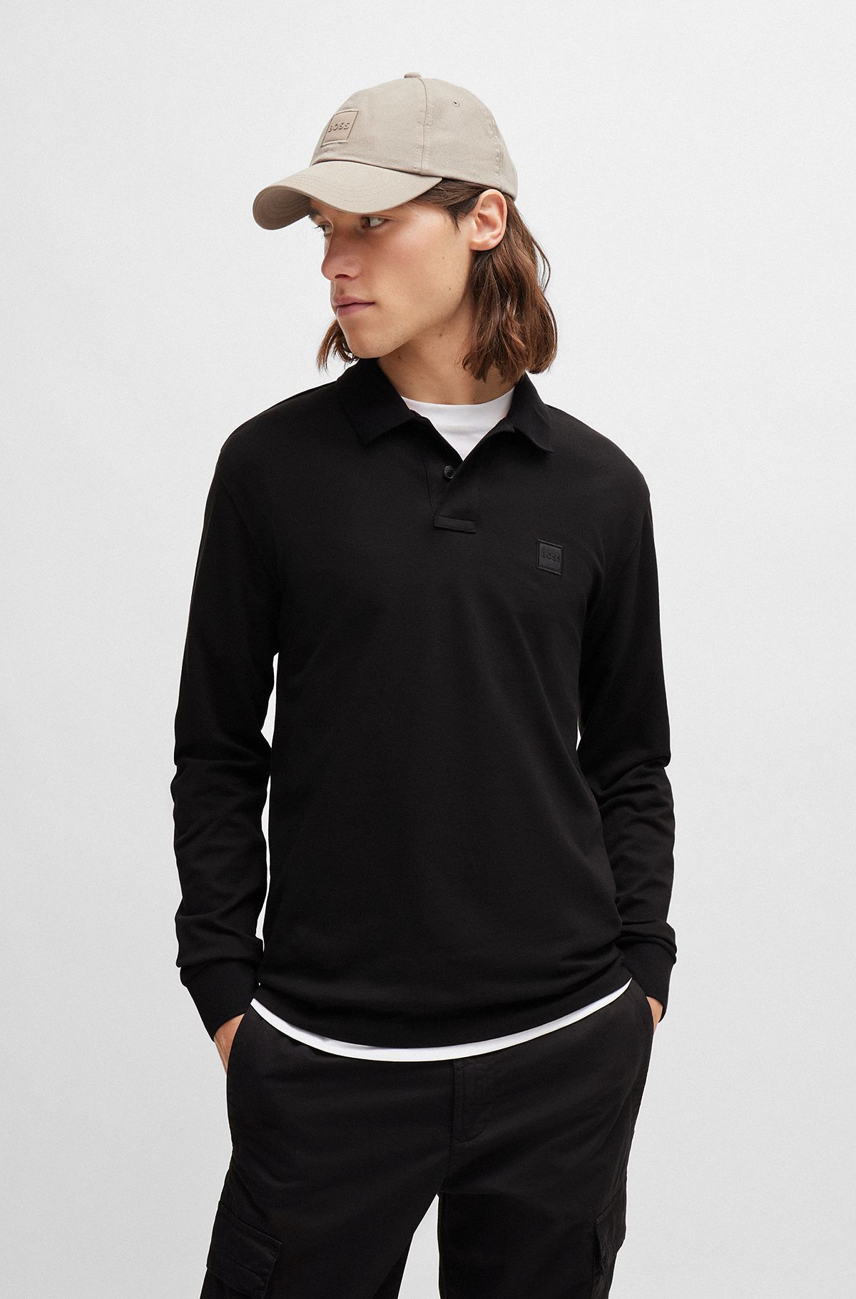 Polo en coton stretch avec patch logo, Noir