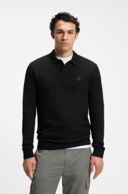 Slim fit poloshirt i bomuld med str&aelig;k og logom&aelig;rke, Sort