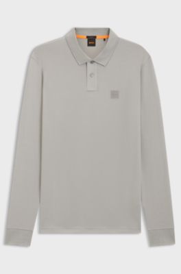 Stretch-cotton slim-fit polo shirt with logo patch, Grey