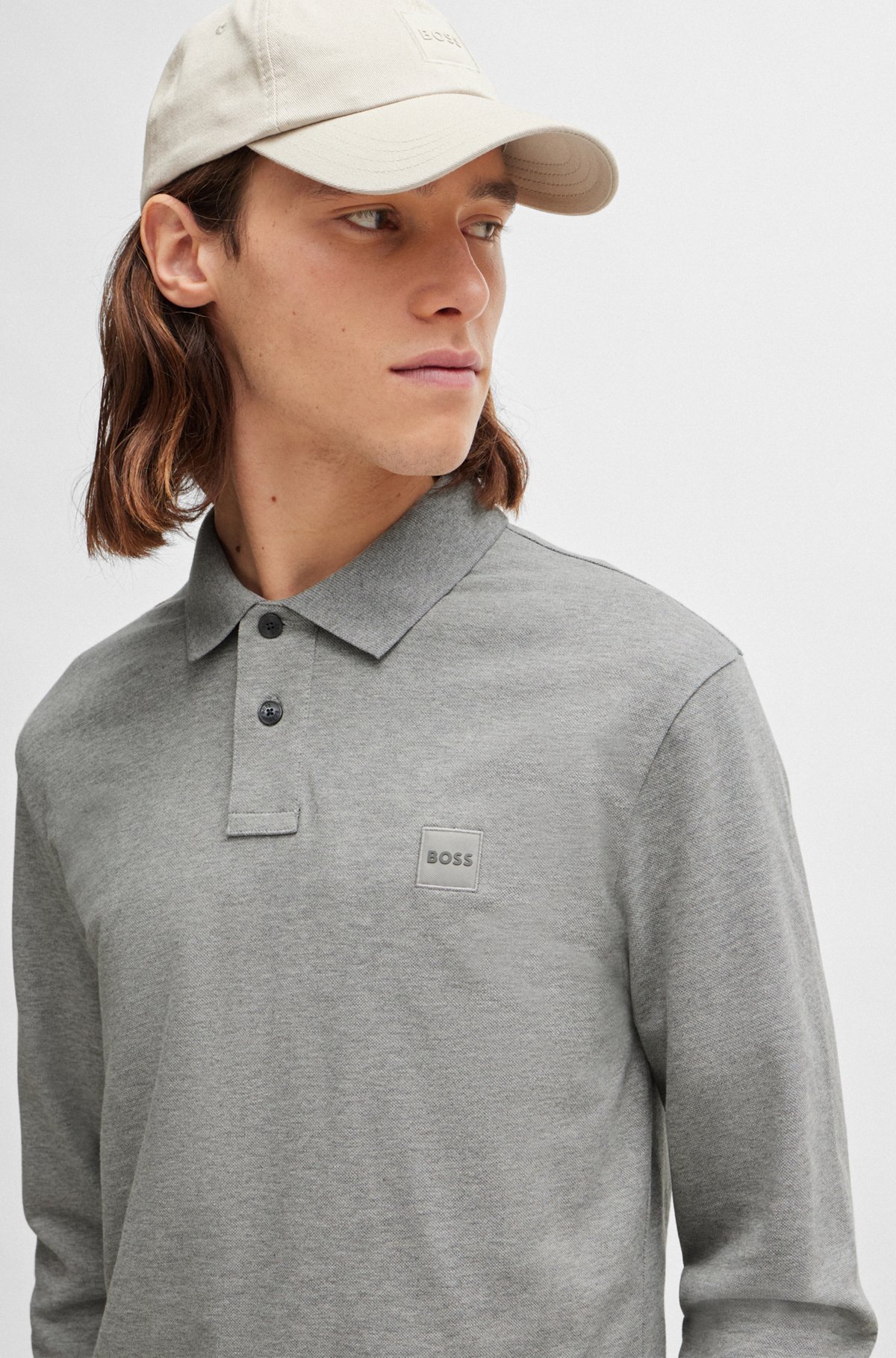 Stretch-cotton polo shirt with logo patch, Grey