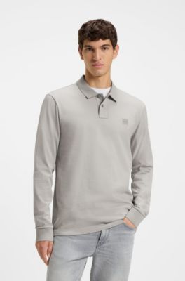 Stretch-cotton slim-fit polo shirt with logo patch, Grey