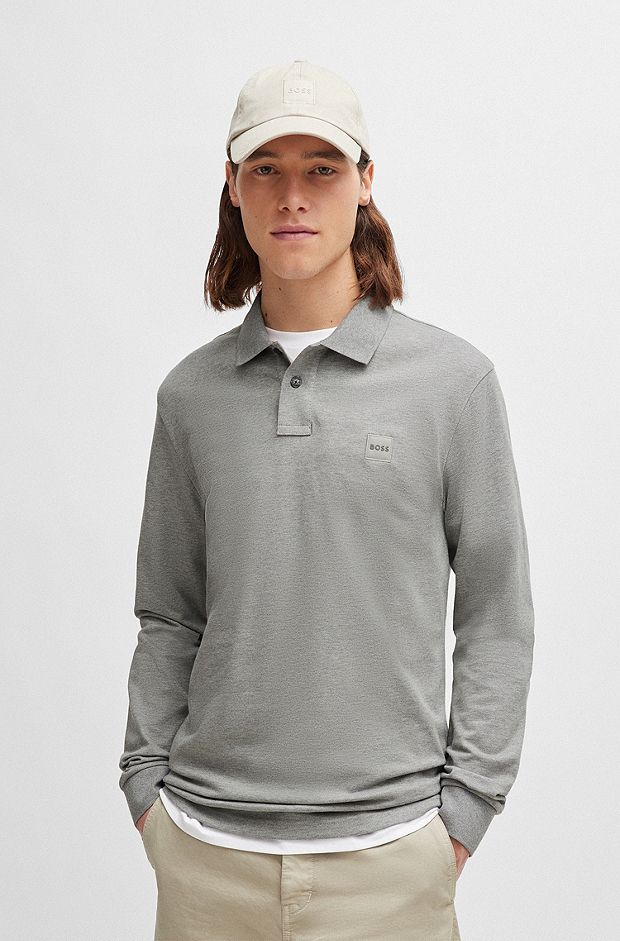 Stretch-cotton slim-fit polo shirt with logo patch, Grey