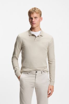 Stretch-cotton slim-fit polo shirt with logo patch, Light Grey