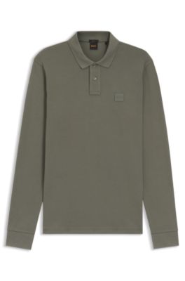 로고 패치 스트레치 코튼 슬림 핏 폴로 셔츠, 그레이