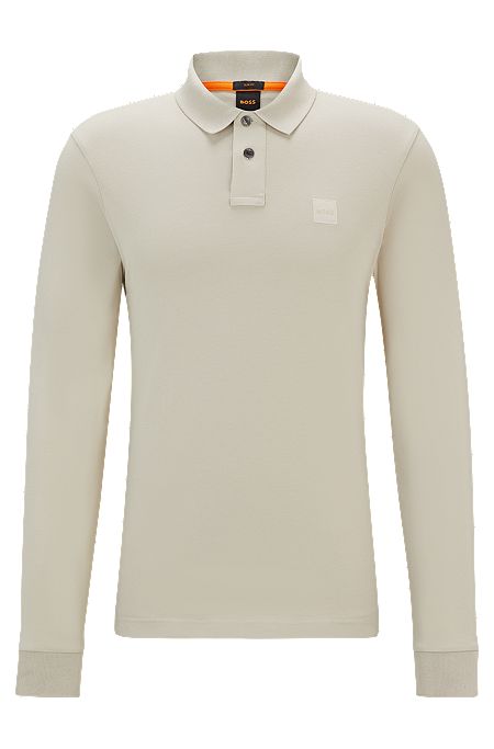 Stretch-cotton polo shirt with logo patch, Natural