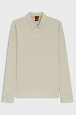 Stretch-cotton slim-fit polo shirt with logo patch, Natural
