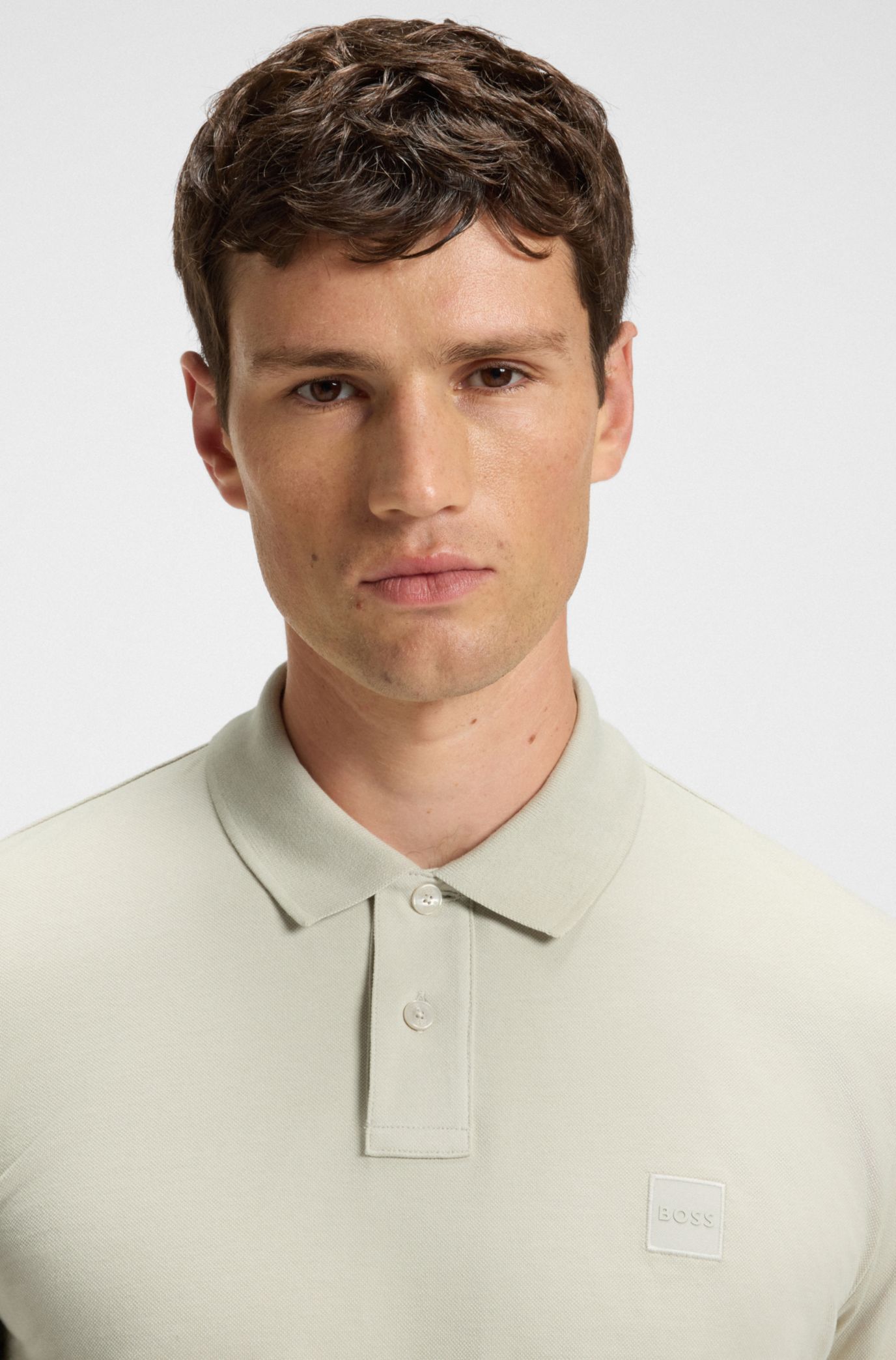 Slim-fit polo shirt in stretch-cotton piqué, Natural