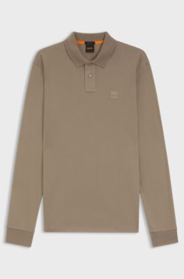 Slim-fit poloshirt i bomuldspiqu&eacute; med str&aelig;k, Lysebrun
