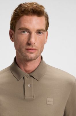 Stretch-cotton slim-fit polo shirt with logo patch, Light Brown