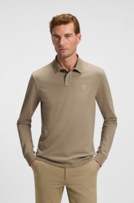 Slim fit poloshirt i bomuld med str&aelig;k og logom&aelig;rke, Lysebrun