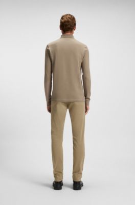 Slim fit poloshirt i bomuld med str&aelig;k og logom&aelig;rke, Lysebrun